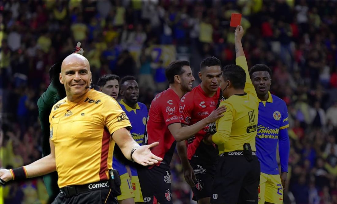 Francisco Chacón como árbitro y Fernando Guerrero expulsando a jugador de Atlas ante América / FOTOS: Imago7