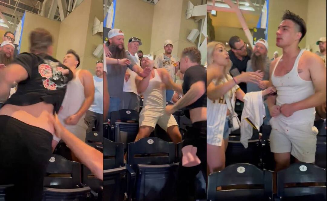 Dos aficionados se dieron con todo en las gradas durante el juego entre Padres vs Twins de Grandes Ligas. Foto: Especial