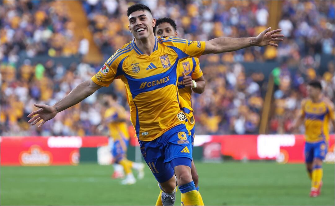 Juan Brunetta celebra su anotación en el triunfo de Tigres ante Santos Laguna. FOTO: Imago7