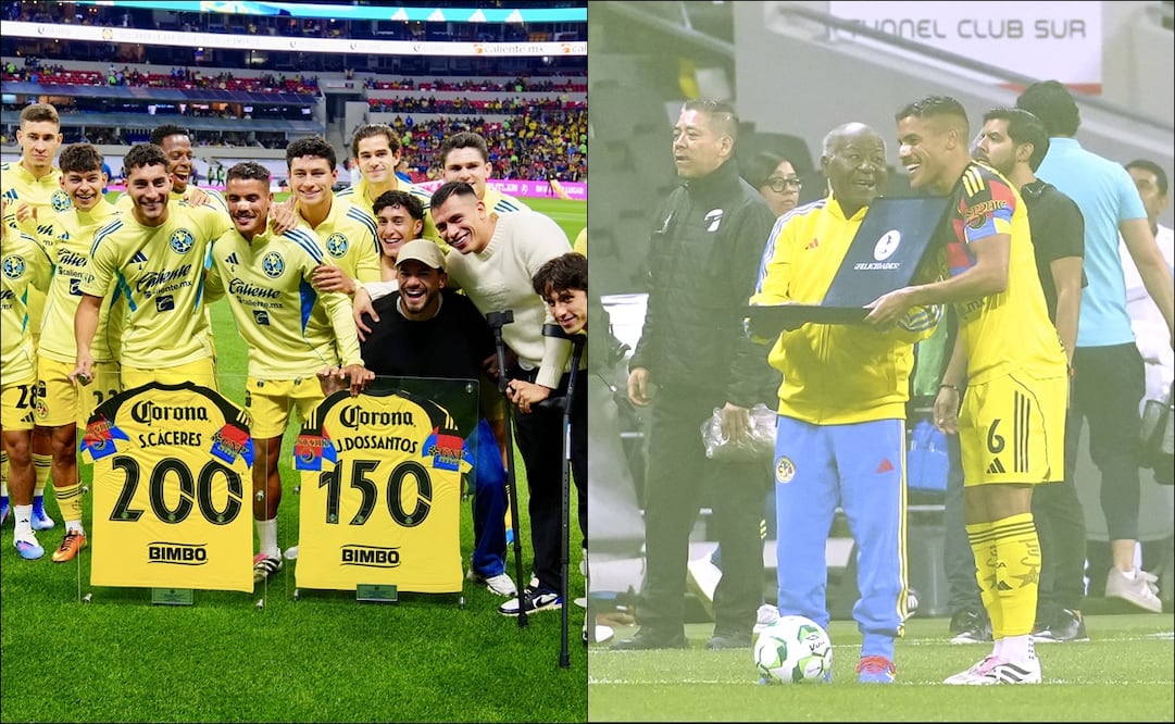 Sebastián Cáceres, Jonathan dos Santos y Arlindo dos Santos recibieron un reconocimiento en el Estadio Banorte. FOTOS: Imago7