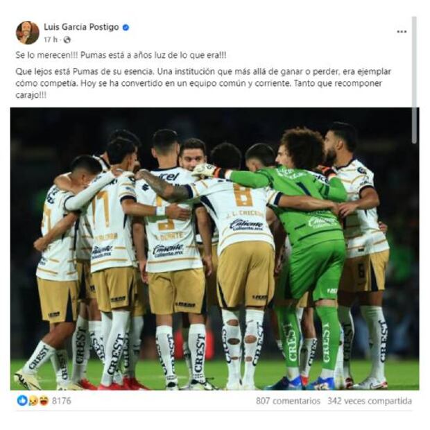 Esta es la publicación del Doctor García con la que reventó a los Pumas por ser eliminados por Vancouver Whitecaps. Foto: Especial