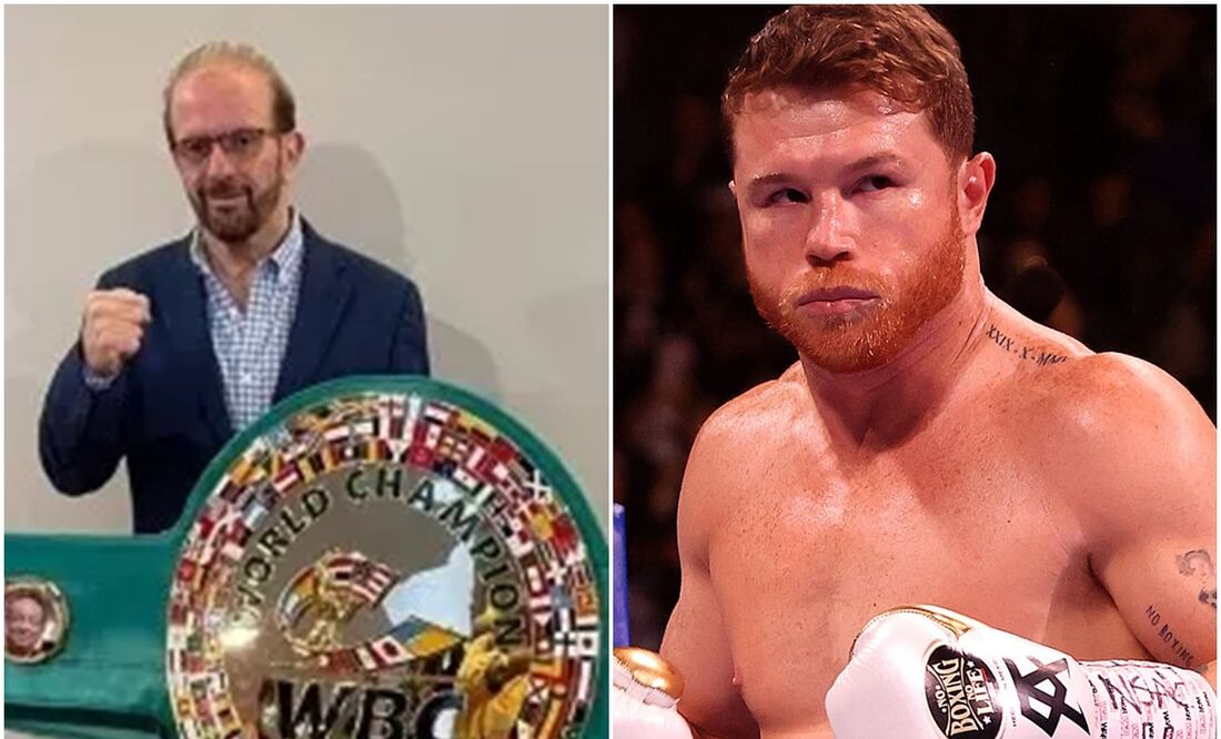 Fernando Schwartz con cinturón de WBC y Canelo Álvarez en una pelea / FOTOS: Especial y AFP