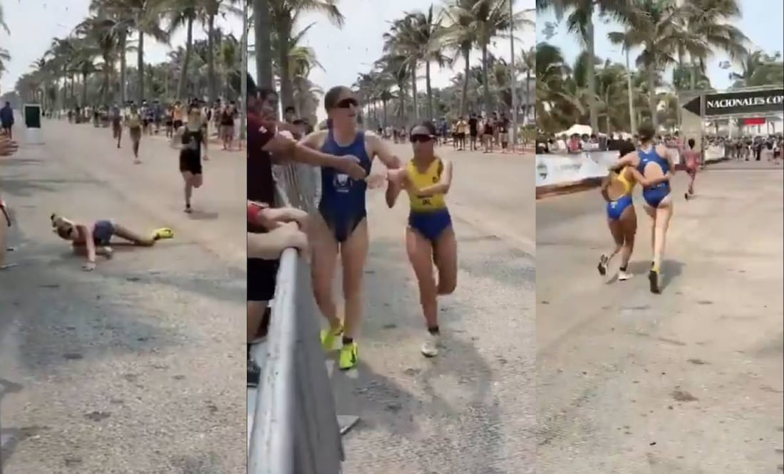 La triatleta Gabriela Urías se ganó las ovaciones tras ayudar a un competidora a cruzar la meta. Foto: Especial