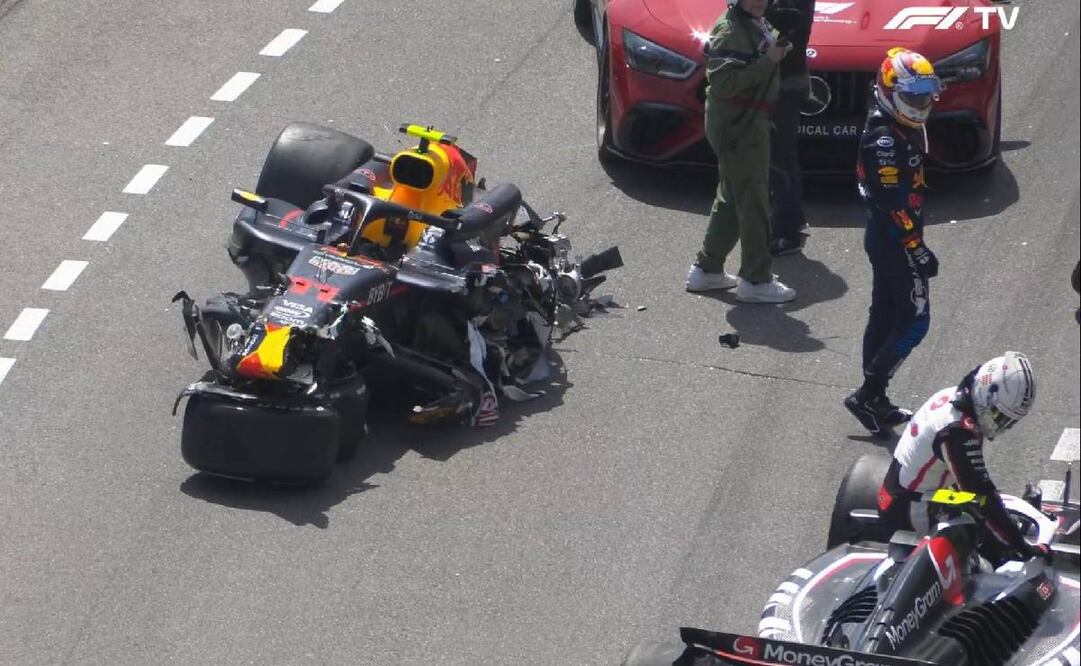 Así quedó el auto de Checo Pérez luego del incidente que provocó Kevin Magnussen en la primera vuelta del GP de Mónaco. Foto: Especial