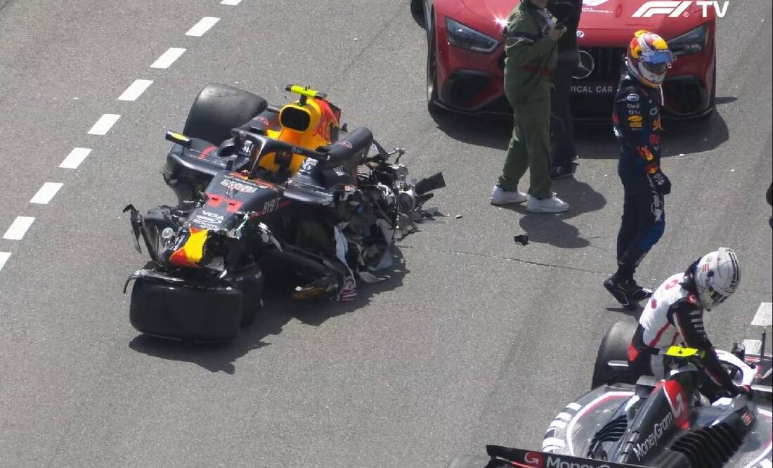 Así quedó el auto de Checo Pérez luego del incidente que provocó Kevin Magnussen en la primera vuelta del GP de Mónaco. Foto: Especial