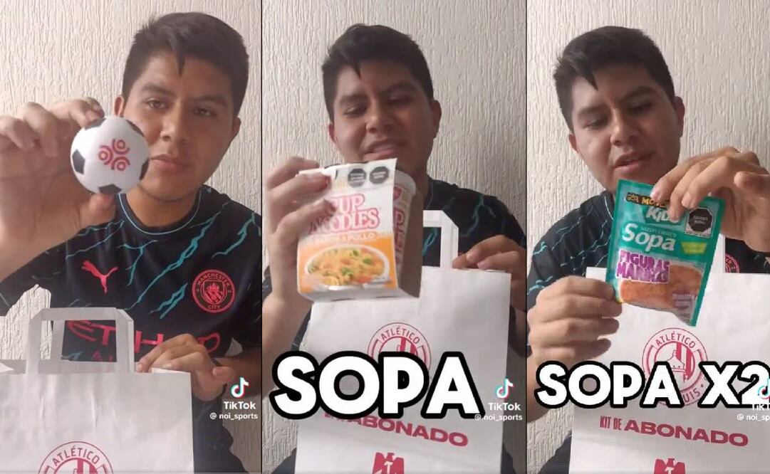 El aficionado del Atlético de San Luis recibió de regalo una pelota y dos sopas instantáneas en la renovación de su abono. Foto: Especial