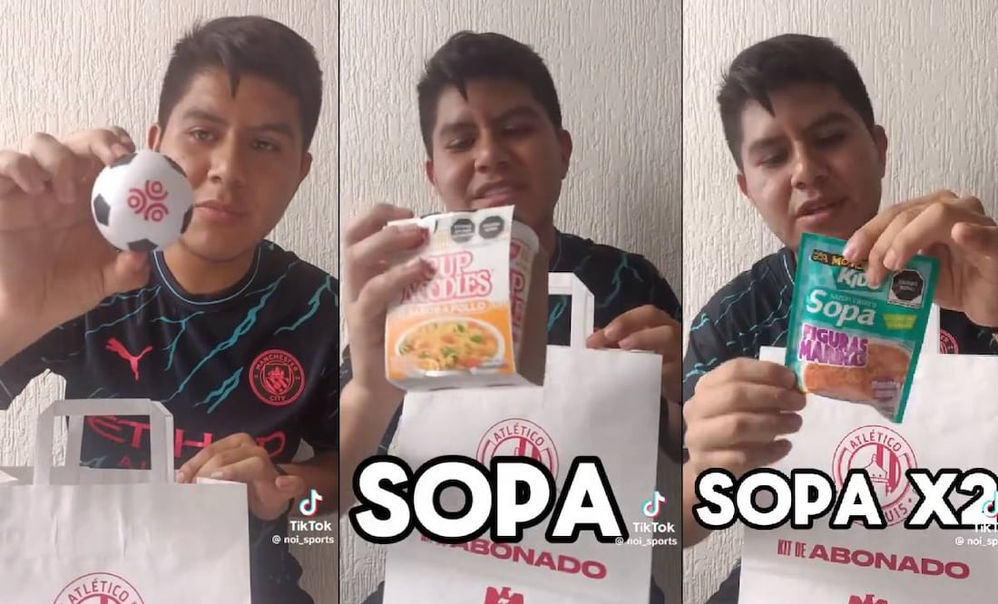 El aficionado del Atlético de San Luis recibió de regalo una pelota y dos sopas instantáneas en la renovación de su abono. Foto: Especial