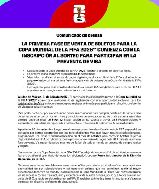 La FIFA compartió información sobre la primera fase de la venta de boletos para el Mundial 2026. FOTO: Especial