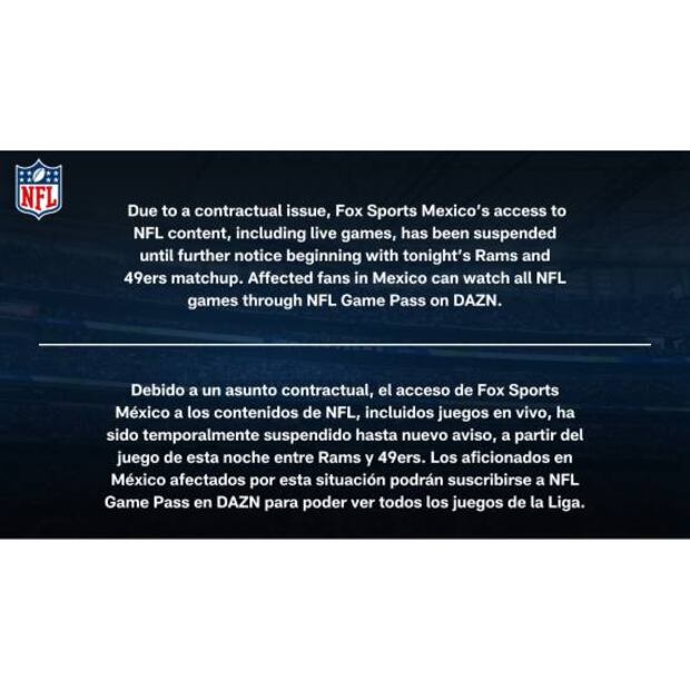 Este fue el comunicado que lanzó NFL sobre la situación con Fox Sports. Foto: Especial