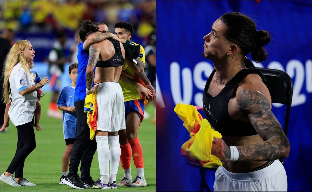Darwin Núñez intentó lanzar una silla hacia las tribunas durante la bronca. FOTOS: AFP