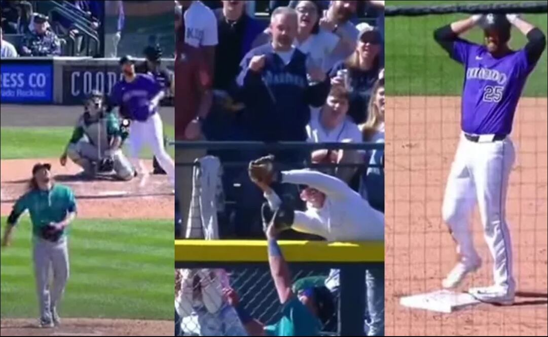 Jacob Stallings se lamenta tras la interferencia del aficionado en el juego Mariners vs Rockies. FOTOS: Capturas