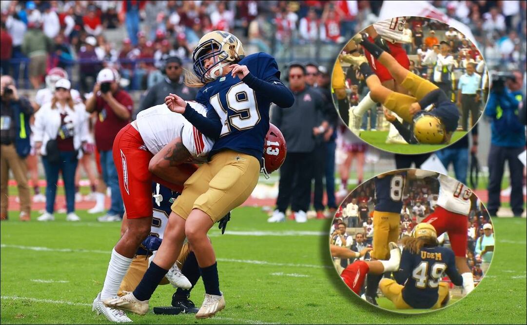 La pateadora de Pumas CU, Andrea Martínez, es golpeada por Ulises García tras su intento de patada. FOTO: Imago7 / Capturas