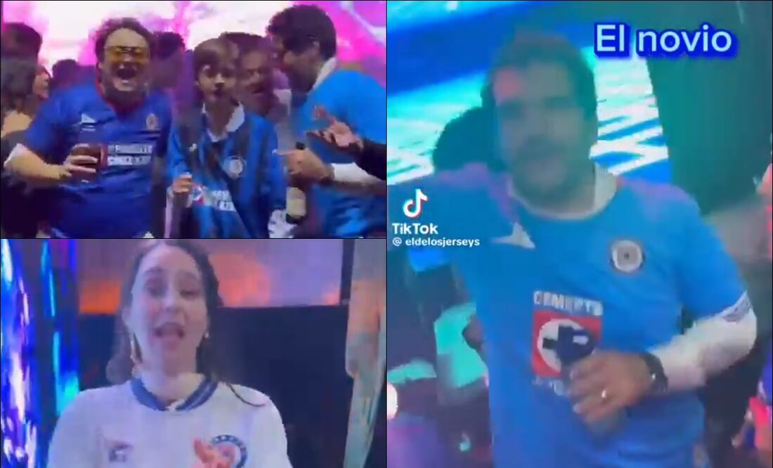Pareja de recién casados celebró su boda vestidos con playeras de Cruz Azul. FOTOS: Capturas