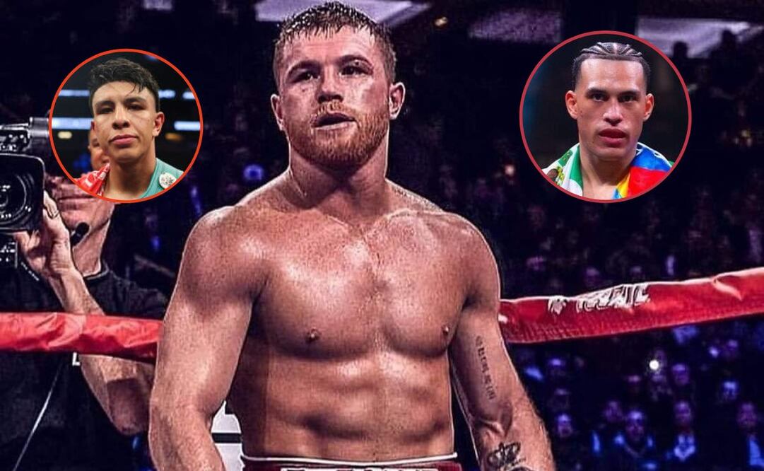 Saúl Álvarez en una pelea con Jaime Munguía y David Benavidez detrás / FOTOS: Instagram @caneloteam