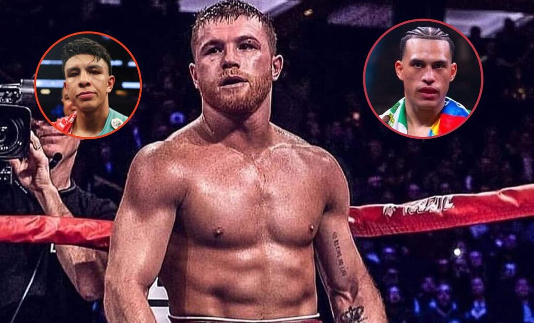 Saúl Álvarez en una pelea con Jaime Munguía y David Benavidez detrás / FOTOS: Instagram @caneloteam