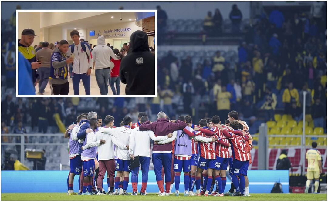 Jugadores de San Luis en el Estadio Azteca y Jurgen Damm recibido en el aeropuerto / FOTO: Imago7 y Captura