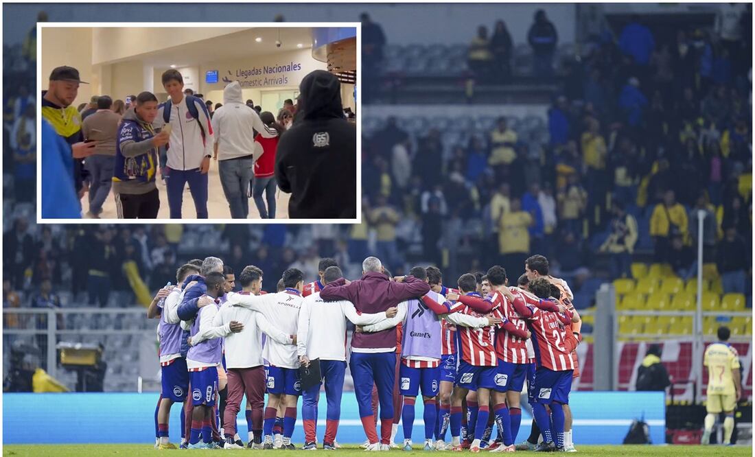 Jugadores de San Luis en el Estadio Azteca y Jurgen Damm recibido en el aeropuerto / FOTO: Imago7 y Captura