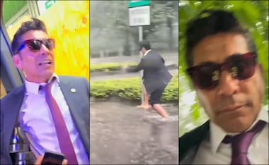 Jorge Campos decidió cruzar descalzo un enorme charco sobre Paseo de la Reforma. FOTOS: Capturas