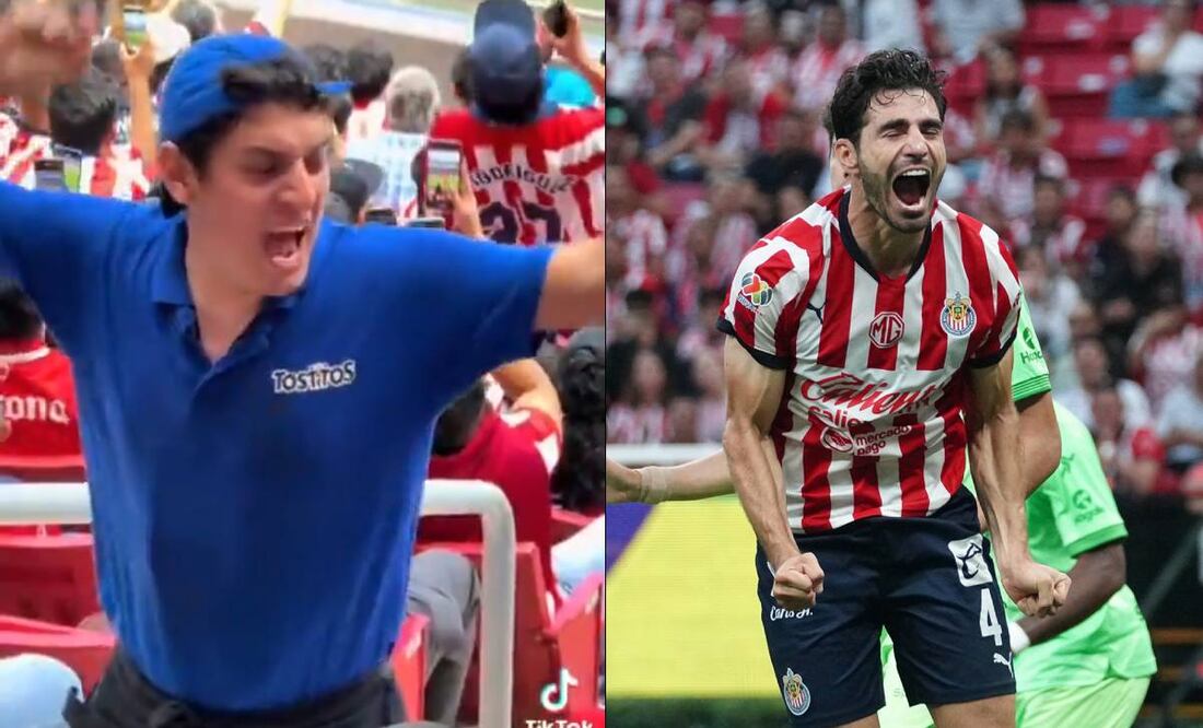 El Pollo Briseño quiere darle una playera al aficionado que mientras vendía botana en el estadio alentaba a las Chivas. Foto: Especial