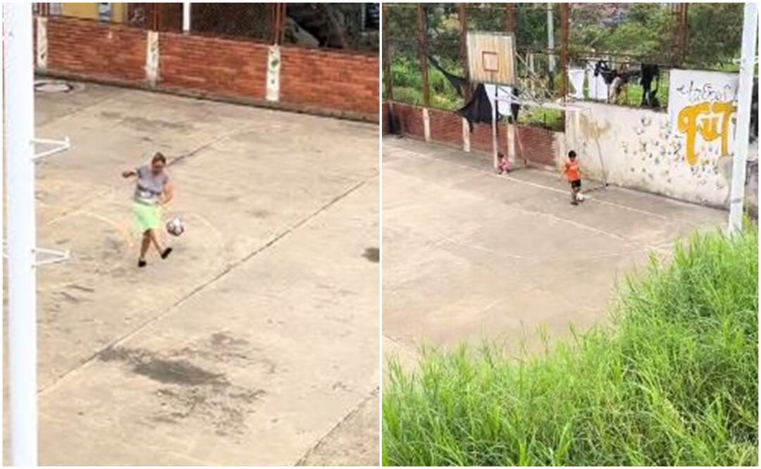 Abuelita fue captada jugando futbol con su nieto - Foto: @chucho_dice (TikTok)