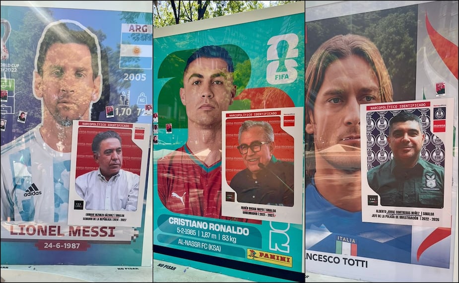Manifestantes vandalizan las 'Estampas Monumentales' de Panini de Paseo de la Reforma. FOTO: @israellorenzana