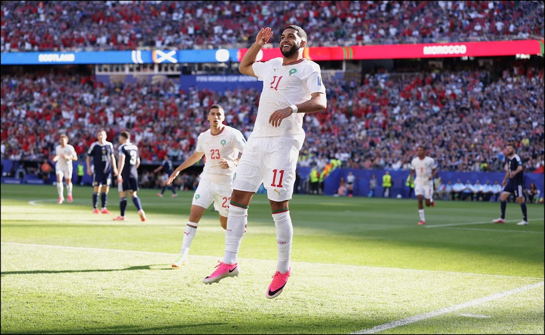 Ismael Saibari de Marruecos celebra tras anotara el gol de Marruecos ante Escocia. FOTO: AFP