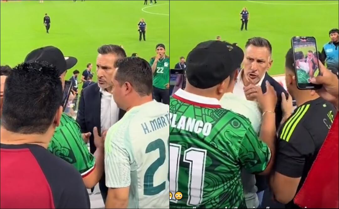 Chaco Giménez discute con algunos aficionados al término del juego entre México y Venezuela. FOTO: Capturas