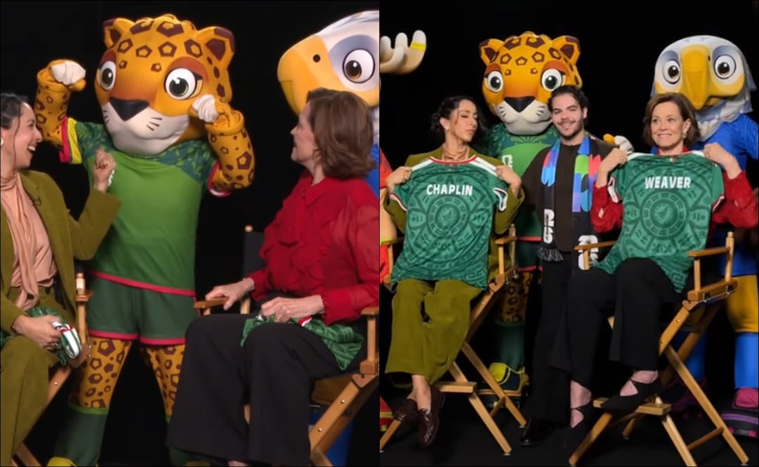 Sigourney Weaver y Oona Chaplin recibieron una playera personalizada de la Selección Mexicana. FOTO: Capturas