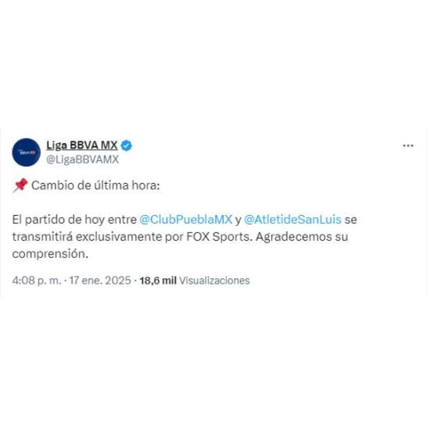La Liga MX anunció que Fox Sports transmitirá el partido entre Puebla y Atlético de San Luis. Foto: Especial
