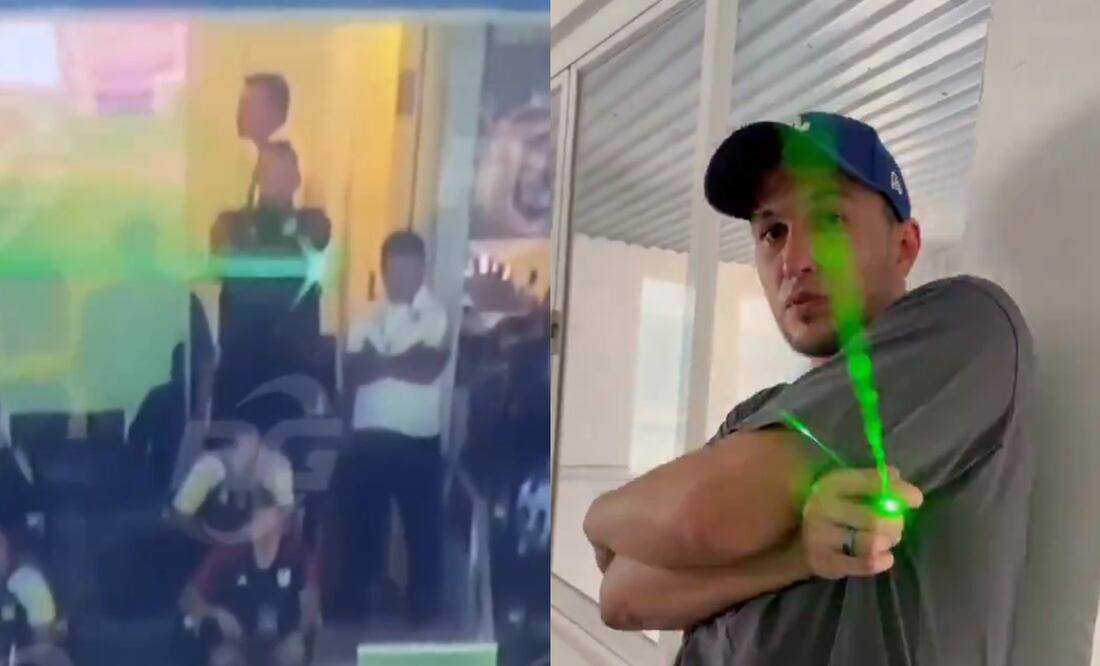 Nahuel Guzmán accionando un láser en el Clásico Regio y Jorge Torres Nilo haciendo parodia / FOTOS: Capturas