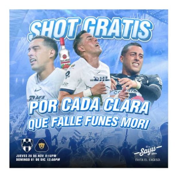 Bar anunció que regalará shots por cada jugada clara de gol que falle Funes Mori en el partido de Ida entre Rayados y Pumas. Foto: Especial