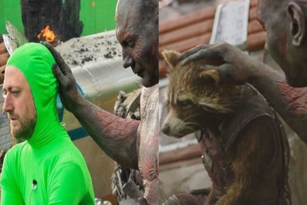 Drax, interpretado por Dave Bautista tuvo que esforzarse por no soltar la carcajada al ver a Sean Gunn en mallas verdes para hacer las escenas corporales de Rocket Racoon, cuya voz es doblada por Bradley Cooper. (Foto: Twitter @thisbemesara)