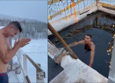 Cristiano Ronaldo desafía el frío en Finlandia y nada en las heladas aguas de aquel país