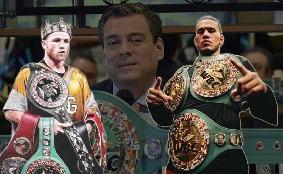 Saúl 'Canelo' Álvarez y Dqavid Benavidez con sus títulos y Mauricio Sulaimán en el CMB / FOTOS: Instagram @caneloteam @benavidez300 e Interna