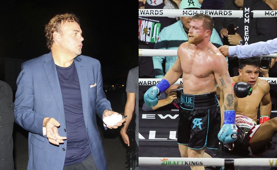 David Faitelson enojado en Veracurz y Saúl 'Canelo' Álvarez luego de mandar a la lona a Jaime Munguía / FOTOS: Imago7 y Captura