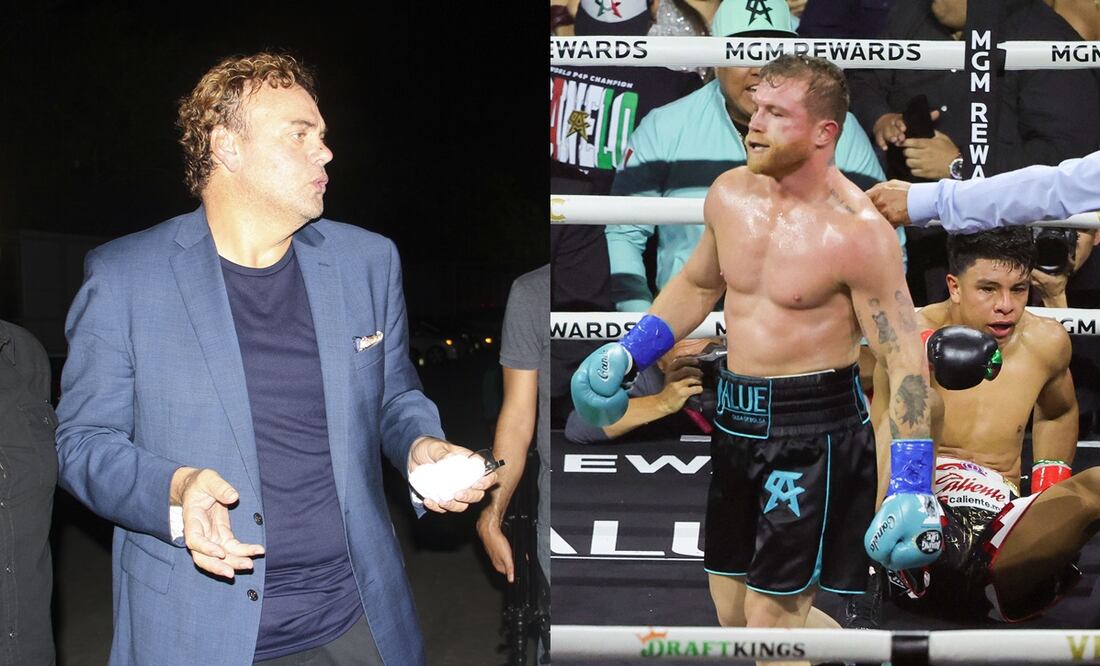 David Faitelson enojado en Veracurz  y Saúl 'Canelo' Álvarez luego de mandar a la lona a Jaime Munguía / FOTOS: Imago7 y Captura