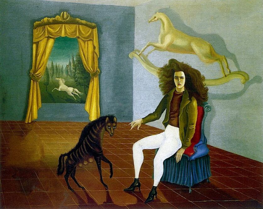 Esta pintura resume la percepción de la autora sobre la realidad y la exploración de su propia feminidad. Vemos a una Leonora liberada, sin su familia. Ella se identificaba mucho con los caballos, por lo que detrás vemos a un equino como su alter-ego. (Foto: Especial El Universal)