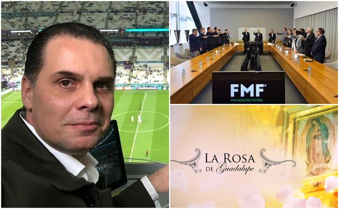 Christian Martinoli en una transmisión, miembros de la FMF y logo de la Rosa de Guadalupe / FOTOS: Capturas y Especial