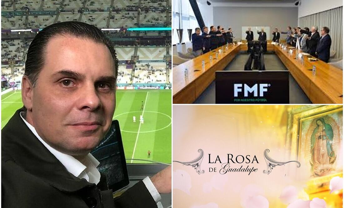 Christian Martinoli en una transmisión, miembros de la FMF y logo de la Rosa de Guadalupe / FOTOS: Capturas y Especial