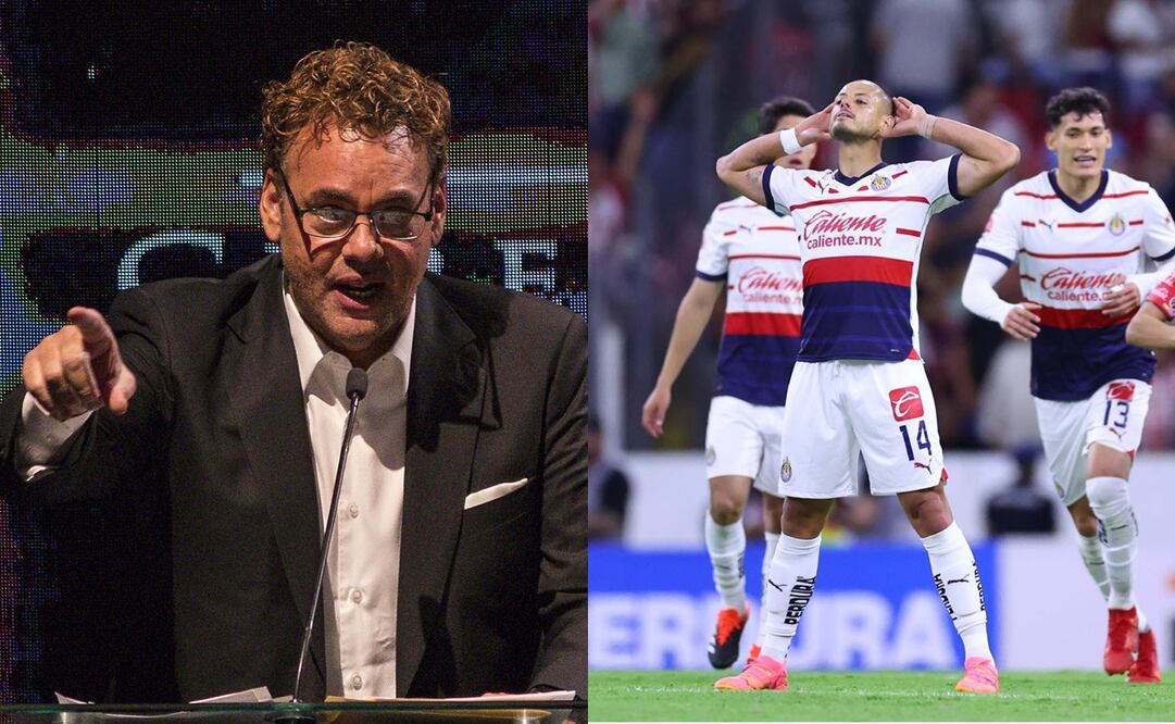 David Faitelson enojado señalando y Javier 'Chicharito' Hernández festejando contra Atlas / FOTOS: Imago7 y Captura