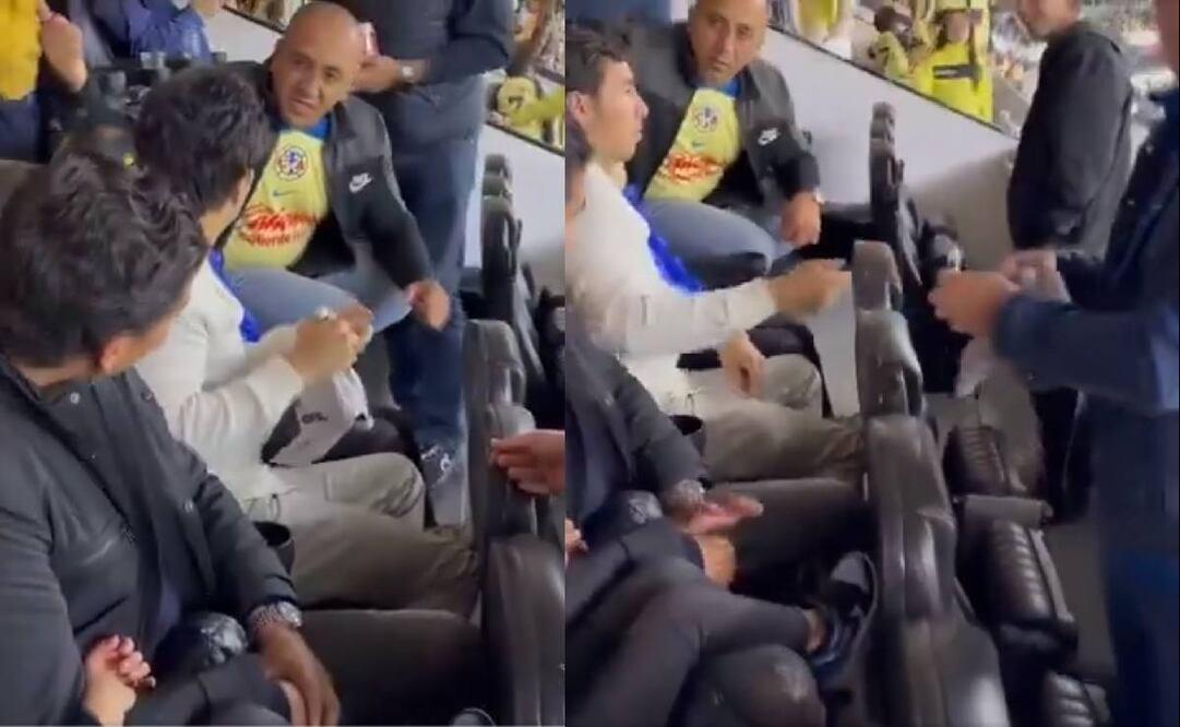 Checo Pérez firmó una gorra en el palco donde vio el partido del América, pero no volteó a ver al aficionado. Foto: Especial