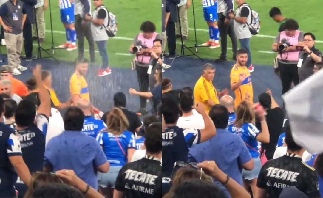 André-Pierre Gignac bañado por cerveza y haciendo seña obscena a aficionados de Rayados / FOTO: Captura