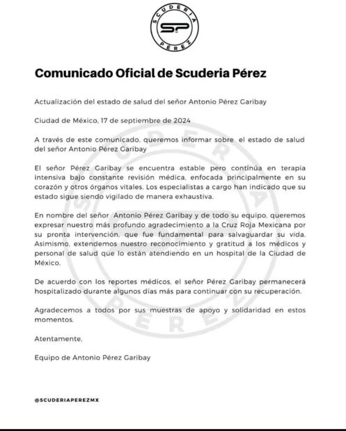Mediante un comunicado agradecen las muestras de cariño al papa de Checo Pérez. Foto: Especial.