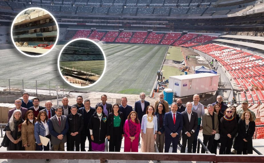 Clara Brugada, jefa de gobierno de la Ciudad de México, posó para la foto con la cancha del Estadio Azteca de fondo. FOTO: @ClaraBrugadaM