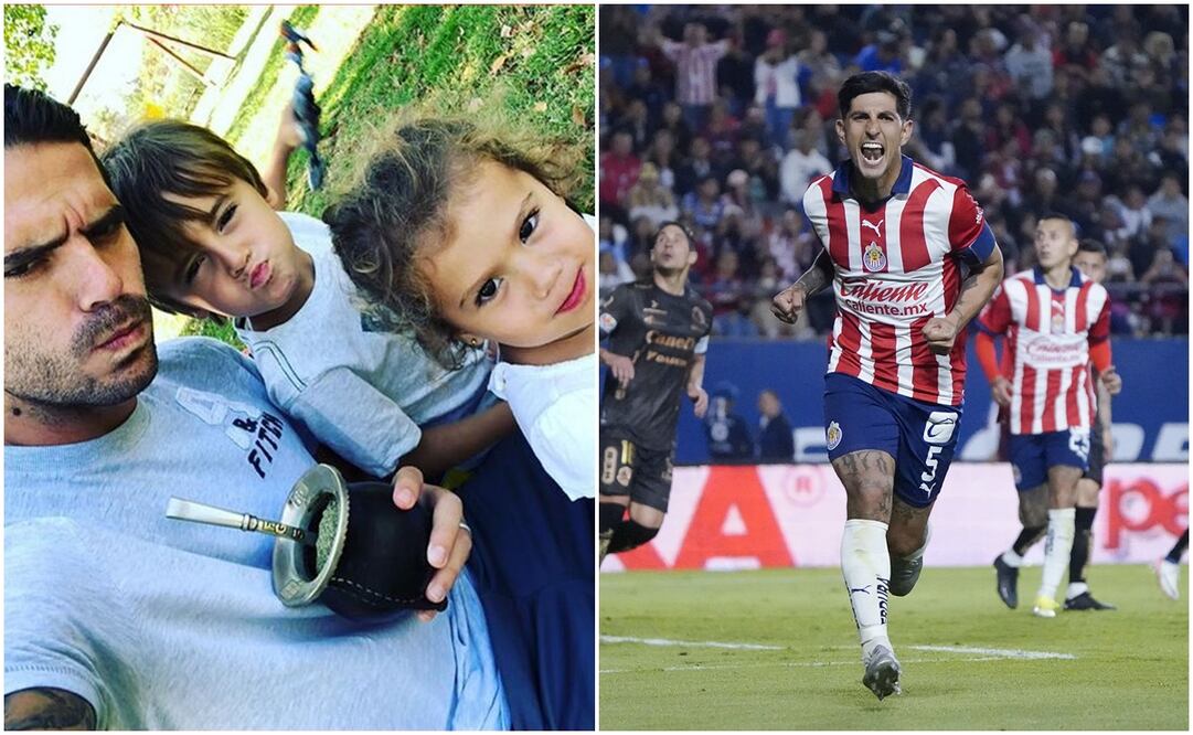 Fernando Gago con sus hijo y 'Pocho' Guzmán festejando un gol ante San Luis / FOTOS: Especial e Imago7