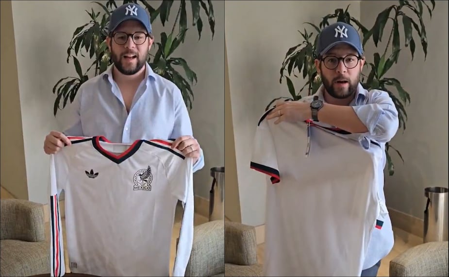 'Pollo' Ortiz muestra sus playeras alternativas de la Selección Mexicana. FOTO: Capturas