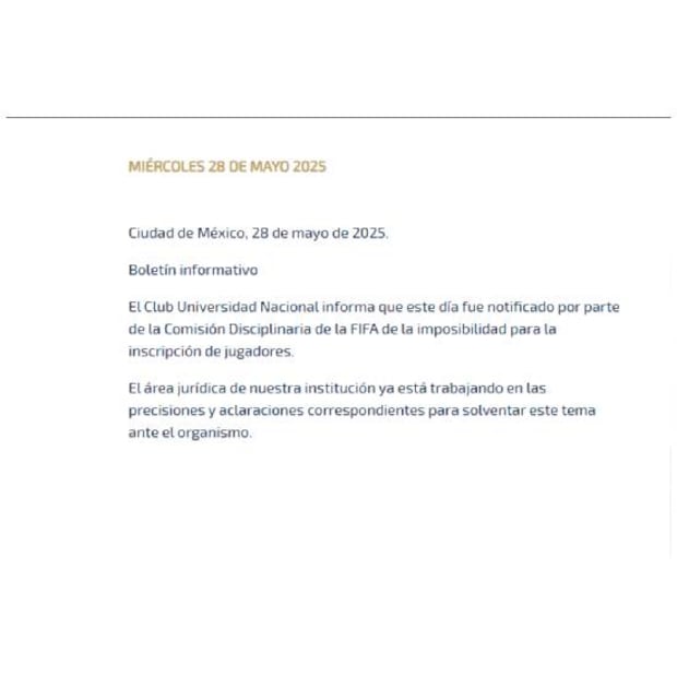 Con este comunicado Pumas anunció la sanción de FIFA de no poder contratar refuerzos. Foto: Especial