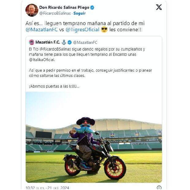 Salinas Pliego adelantó que regalaría una moto a los aficionados que estuvieran en el estadio para el Mazatlán vs Tigres. Foto: Especial