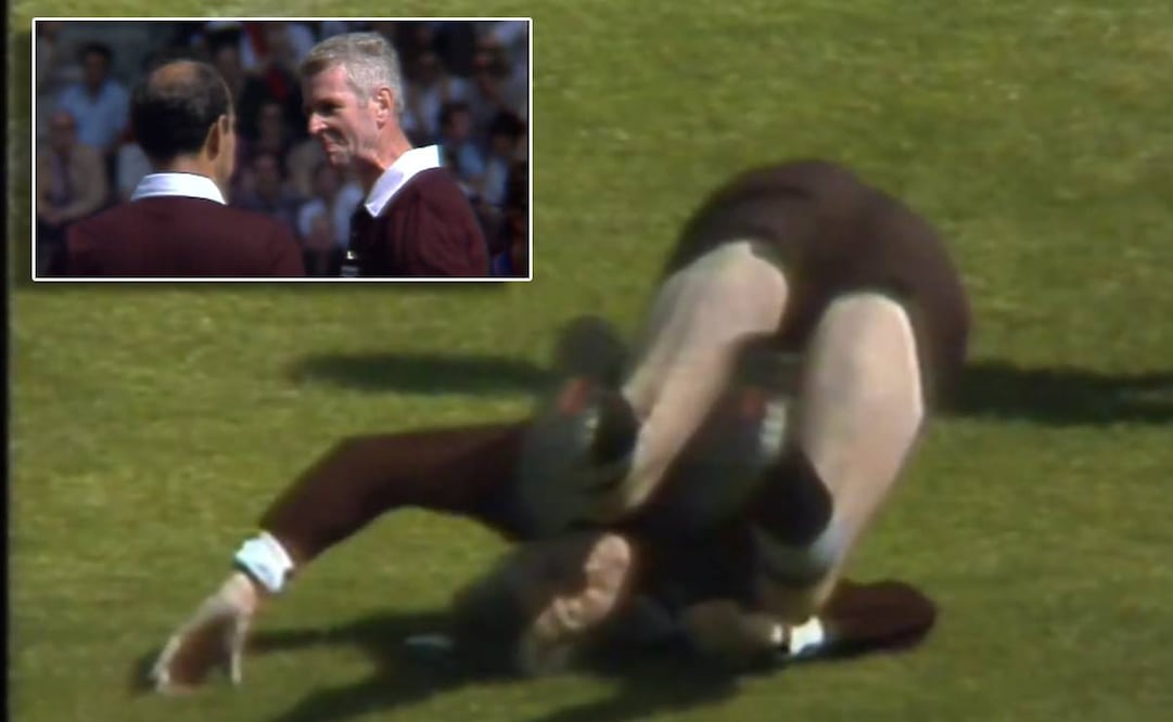 Walter Eschweiler quedó tendido en el pasto luego de que se cruzó en el camino de un peruano en España 82. Foto: Especial