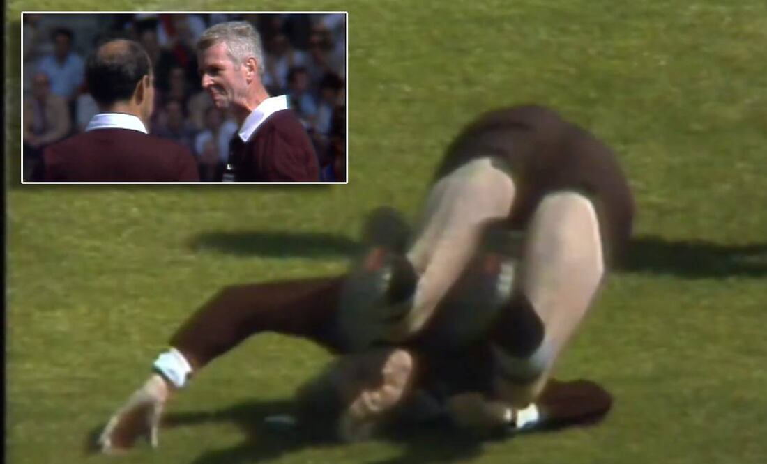 Walter Eschweiler quedó tendido en el pasto luego de que se cruzó en el camino de un peruano en España 82. Foto: Especial